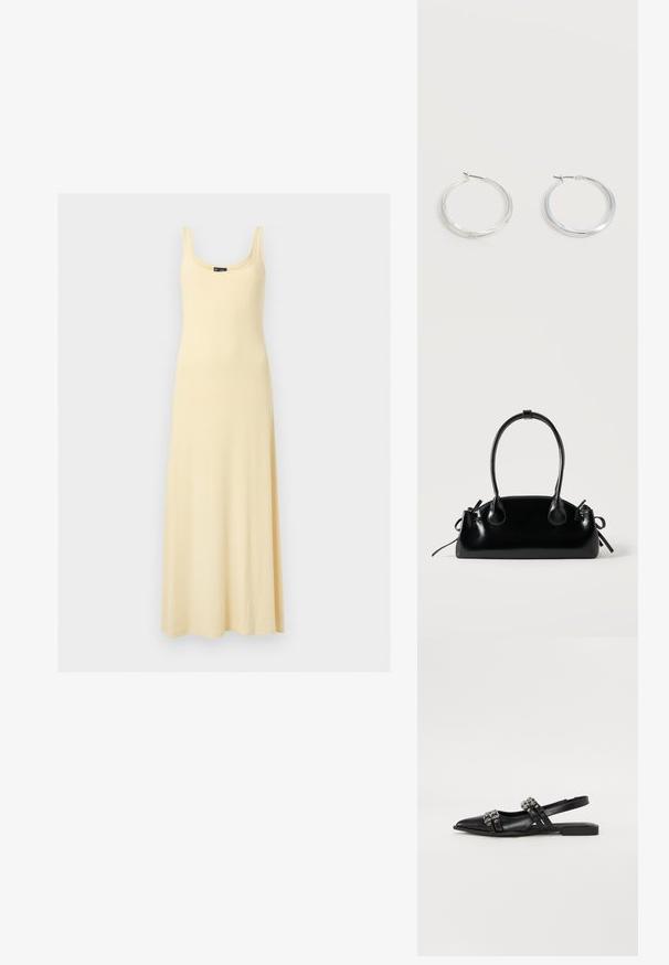 Robe maxi jaune clair sans manches avec encolure dégagée, corsage ajusté et jupe fluide sur fond uni.; Even&Odd by Zalando Ballerines à brides arrière - black; Petit sac à main noir brillant avec deux longues anses et des détails à cordon sur les côtés sur un fond clair uni.; Boucles d’oreilles créoles en métal argenté avec une surface lisse légèrement incurvée et des fermoirs à clapet sur un fond blanc uni.