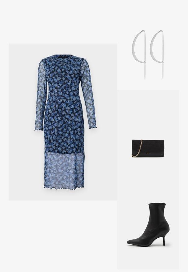 Vestido de manga larga en un azul marino oscuro con tejido transparente, que presenta un estampado floral en azul claro, cuello redondo y bordes con forma de ondulación.; Anna Field by Zalando Botines - black; Bolso de mano negro hecho de ante con un acabado texturizado, que presenta una cadena dorada y un diseño elegante y angular.; Pendientes de metal plateado con un diseño curvado minimalista, que presentan formas de lágrima abiertas y alargadas con un acabado mate.