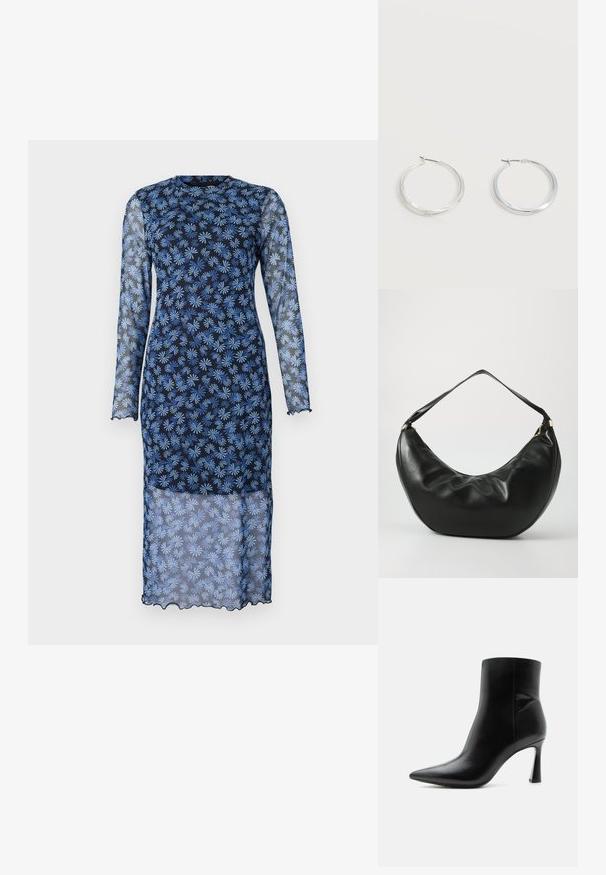 Vestido de manga larga en un azul marino oscuro con tejido transparente, que presenta un estampado floral en azul claro, cuello redondo y bordes con forma de ondulación.; Botín de cuero negro con punta puntiaguda y tacón stiletto alto y delgado, mostrado de perfil sobre un fondo blanco.; Bolso de hombro de cuero negro con una forma curva, textura suave y una sola correa; cuenta con un zipper dorado y un branding sutil.; Pendientes de aro de metal plateado con superficie lisa y ligeramente curvada y cierre de tipo mosquetón sobre un fondo blanco liso.