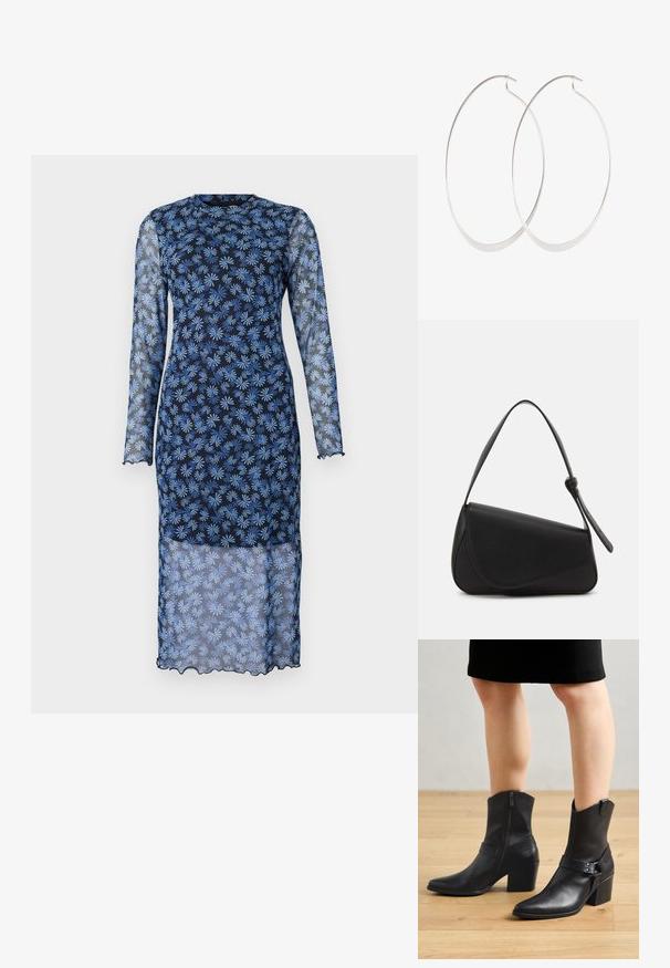 Vestido de manga larga en un azul marino oscuro con tejido transparente, que presenta un estampado floral en azul claro, cuello redondo y bordes con forma de ondulación.; Botines de cuero negro con punta afilada, cierre de cremallera, tacón curvado y una correa decorativa con detalles metálicos.; Bolso de mano de cuero negro con forma triangular, tapa en ángulo y un asa superior redondeada. Presenta una textura suave y detalles de diseño minimalistas.; Pendientes de aro plateados con un diseño delgado y suave; forma ovalada alargada; acabado pulido; presentan un cierre de gancho seguro.