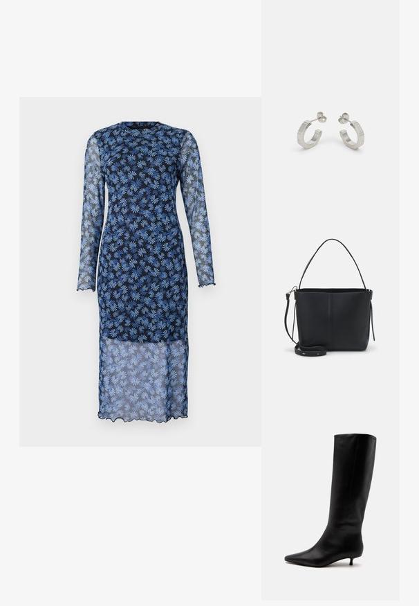 Vestido de manga larga en un azul marino oscuro con tejido transparente, que presenta un estampado floral en azul claro, cuello redondo y bordes con forma de ondulación.; Bota alta de cuero negro hasta la rodilla con puntera puntiaguda y tacón bajo tipo kitten sobre un fondo claro y liso.; Bolso de lunares de cuero negro con forma estructurada, con un solo asa superior y una correa de hombro desmontable. Textura suave, diseño minimalista.; Pendientes aros de metal plateado con un diseño texturizado, que cuentan con un pequeño respaldo de clip y una marca en uno de los aros. Forma redondeada con un acabado pulido.