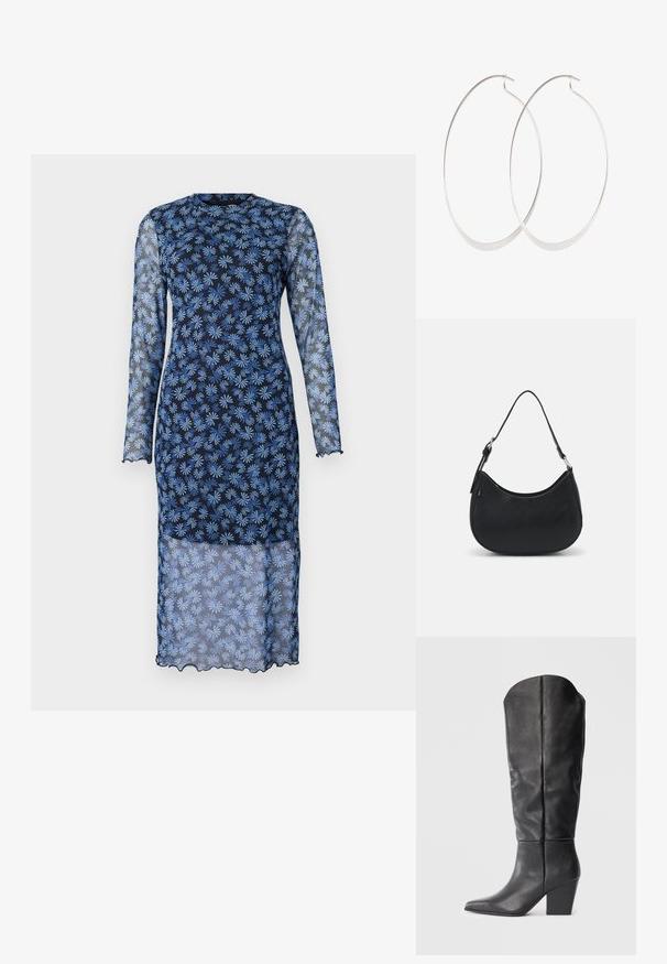 Langärmliges Kleid in dunklem Marineblau mit transparenter Stoff, das ein florales Muster in Hellblau zeigt, runder Ausschnitt und gewellte Kanten hat.; Schwarze kniehohe Stiefel aus Leder mit spitzem Zeh und blockigem Absatz. Das Design zeichnet sich durch eine glatte Textur und minimalistische Linien aus.; Schwarze Hobo-Tasche aus glattem Leder mit einer geschwungenen Silhouette, ausgestattet mit einem einzelnen verstellbaren Trageriemen und minimalistischem Design.; Silberne Creolen mit einem dünnen, glatten Design; länglich-ovale Form; polierte Oberfläche; ausgestattet mit einem sicheren Hakenverschluss.