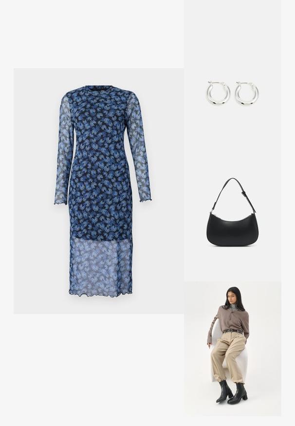 Vestido de manga larga en un azul marino oscuro con tejido transparente, que presenta un estampado floral en azul claro, cuello redondo y bordes con forma de ondulación.; Mujer con cabello largo y negro apoyada en una silla curva blanca, vistiendo una blusa topo, pantalones beige, cinturón negro y botines negros con tacón.; Pieces PCALUANA SHOULDER BAG - Bolso de mano - black; Pendientes de aro de plata con un acabado pulido, que presentan una forma circular y un cierre de gancho. Textura suave con detalles mínimos.