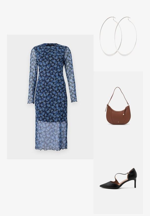 Vestido de manga larga en un azul marino oscuro con tejido transparente, que presenta un estampado floral en azul claro, cuello redondo y bordes con forma de ondulación.; Zapato de tacón alto de cuero negro con punta afilada, una delgada correa en el tobillo y tacón stiletto de altura media sobre un fondo blanco.; Bolso de hombro de imitación cuero marrón con forma curva, costura mínima y un acento de hardware en tono dorado. Presenta un cierre de cremallera en la parte superior y una correa ajustable.; Pendientes de aro plateados con un diseño delgado y suave; forma ovalada alargada; acabado pulido; presentan un cierre de gancho seguro.