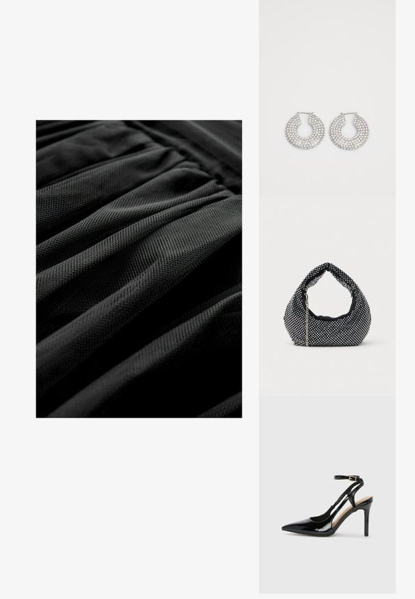 Sort tekstureret stof med et plisseret design, der viser et ensartet mønster og en blød udseende. Fokus på lag og folder i materialet.; Sorte laklæder højhælede slingback-sko med spids tå, justerbar ankelrem og åben sider. Glat tekstur.; Sort mesh håndtaske prydet med sølvnitter, udstyret med et buet håndtag og en kædetraspe. Blød tekstur med en rund form.; Sølvøreringe med flere klare krystaludsmykninger, med en struktureret overflade og et åbent rundt design.