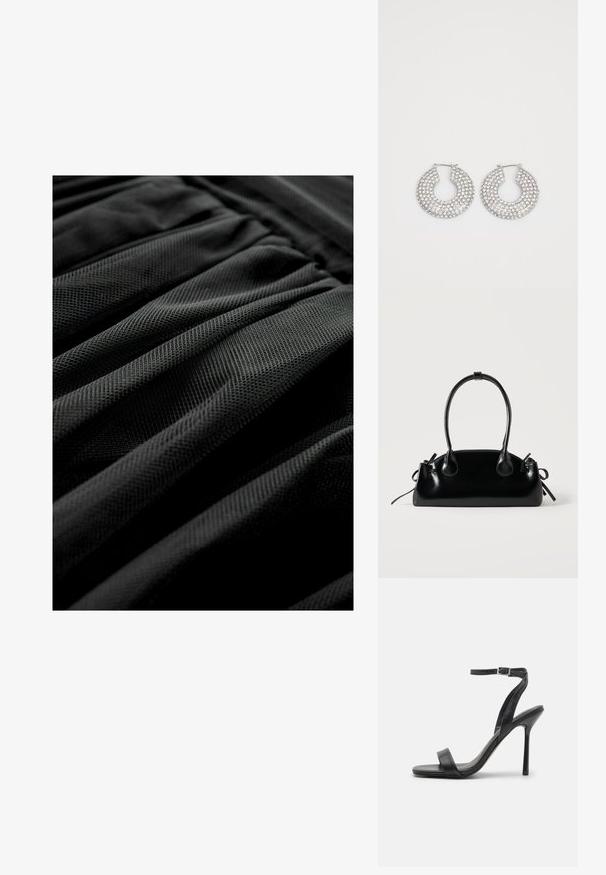 Sort tekstureret stof med et plisseret design, der viser et ensartet mønster og en blød udseende. Fokus på lag og folder i materialet.; Sort højhælet sandal med en slank ankelrem og to forreste bånd. Lavet af glat læder med en slank spids tå og stilettohæl.; Lille sort blank håndtaske med to lange håndtag og snøre-detaljer i siden på en ensfarvet lys baggrund.; Sølvøreringe med flere klare krystaludsmykninger, med en struktureret overflade og et åbent rundt design.