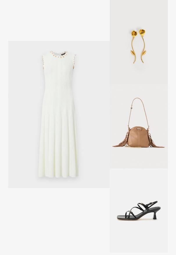 Robe midi en maille blanche sans manches avec côtes verticales et petites fleurs beige autour de l'encolure et des emmanchures.; Sandales à strapes en cuir verni noir avec un bout carré et un petit talon carré. Présente des accessoires en métal doré et des brides de cheville réglables.; Petit sac à bandoulière en cuir fauve avec longue bandoulière, détail chaîne dorée et franges des deux côtés sur un fond neutre.; Boucles d'oreilles dorées en forme de fleurs avec des tiges courbées et une seule feuille sur chaque tige, sur fond blanc.