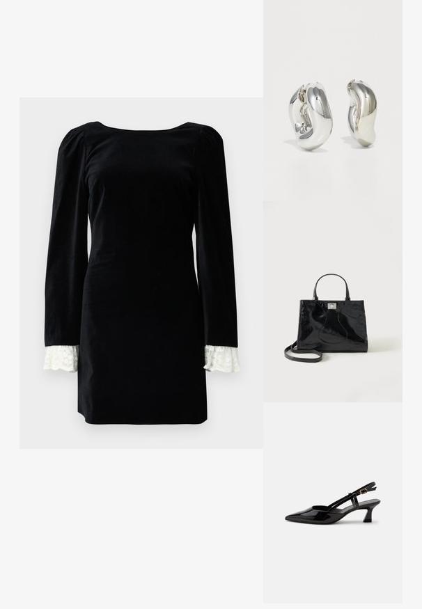 Robe en velours noir à manches longues, ornée d'une bordure en dentelle blanche aux poignets et d'un décolleté carré. Texture lisse, silhouette ajustée.; Chaussure slingback en cuir verni noir à petit talon, bout pointu et bride réglable avec boucle dorée sur fond blanc.; Sac à main en cuir verni noir avec poignées arrondies, bandoulière détachable et fermeture à boucle argentée sur fond blanc uni.; Boucles d'oreilles sculpturales en argent avec des formes douces et courbes et des surfaces réfléchissantes. Présentent un design de boucle fermée et une forme organique distincte.