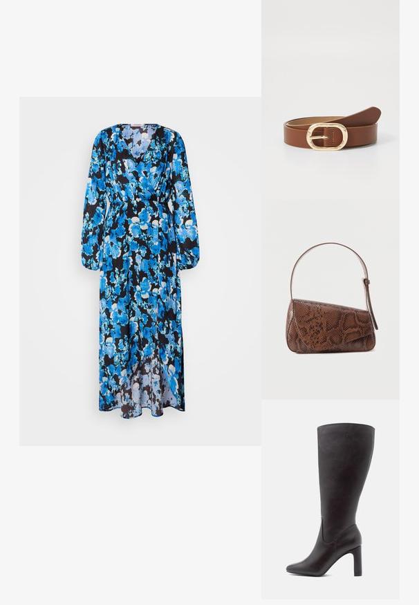 Robe longue avec un motif floral dans des nuances de bleu sur fond noir. Fabriquée en tissu léger, avec un décolleté en V et des manches longues.; Bottes en cuir noires montantes avec un bout pointu et un talon carré. Texture lisse et design minimaliste avec un discret détail de couture courbée.; Sac à bandoulière en cuir à motif peau de serpent marron avec une fermeture à rabat et une seule bandoulière réglable, sur un fond uni.; Ceinture en cuir marron avec une boucle ovale en or et des détails cousus. Texture lisse avec un design minimaliste et une extrémité effilée.