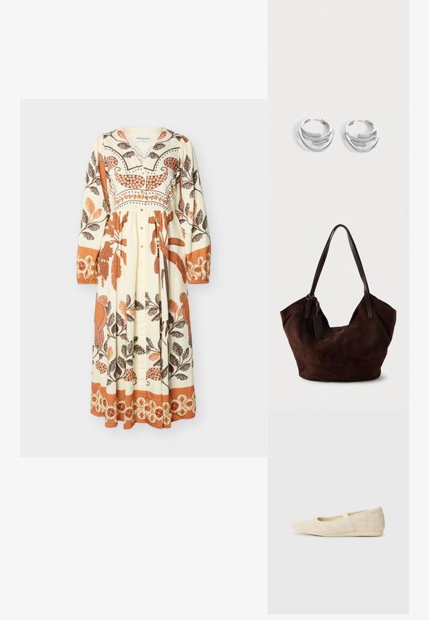 Longue robe crème avec boutons sur le devant, manches longues, et motifs floraux et oiseaux orange et marron sur toute la surface.; Ballerines beiges avec une exterior en cuir lisse, un bout en forme d'amande et une sangle élastique sur le coup de pied, avec des détails de couture subtils.; Handbag en cuir suédé marron avec une forme douce et souple. Doté de poignées en cuir et d'une étiquette décorative. Texture plain avec des coutures courbes.; Paire de boucles d'oreilles anneaux en argent poli avec un design de barre incurvée superposée sur un fond clair uni.