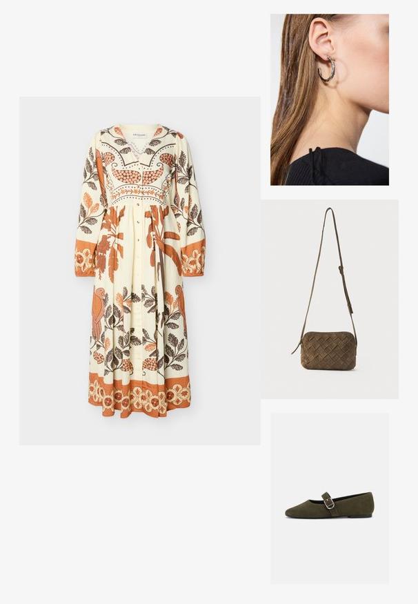 Longue robe crème avec boutons sur le devant, manches longues, et motifs floraux et oiseaux orange et marron sur toute la surface.; Chaussure plate Mary Jane en daim vert olive avec bride à boucle argentée et bout arrondi, présentée sur fond blanc.; Sac bandoulière en daim marron avec un motif losange tissé et une longue sangle réglable sur un fond uni.; Boucle d'oreille en argent avec une finition polie, présentant de petits détails en or et de forme ronde, portée sur le lobe.