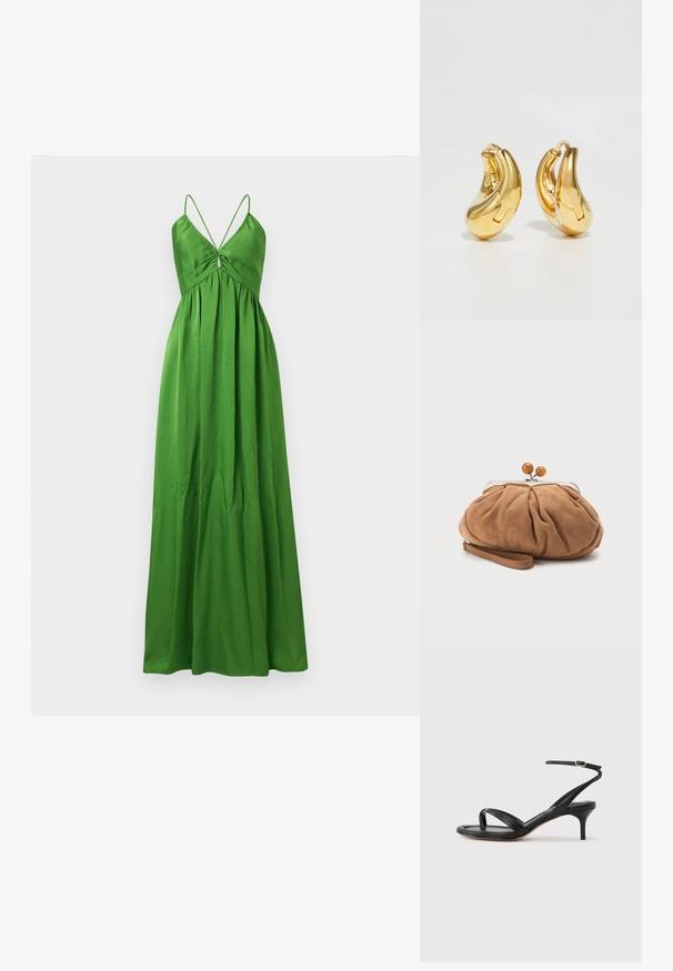 Robe verte longue jusqu'au sol, sans manches, avec fines bretelles, corsage froncé et jupe ample et fluide.; Sandale pour femme en cuir noir avec fines lanières, une boucle d'orteil, une boucle à la cheville et un talon aiguille de hauteur moyenne sur un fond neutre.; Petit sac pochette en daim marron doux avec tissu froncé, fermoir métallique, accents de perles en bois et bracelet pour poignet sur fond blanc.; Boucles d'oreilles en or en forme de d'anneaux lisses et courbés avec une finition polie. Équipées d'un mécanisme de fermeture et de légères indentations pour le détail.