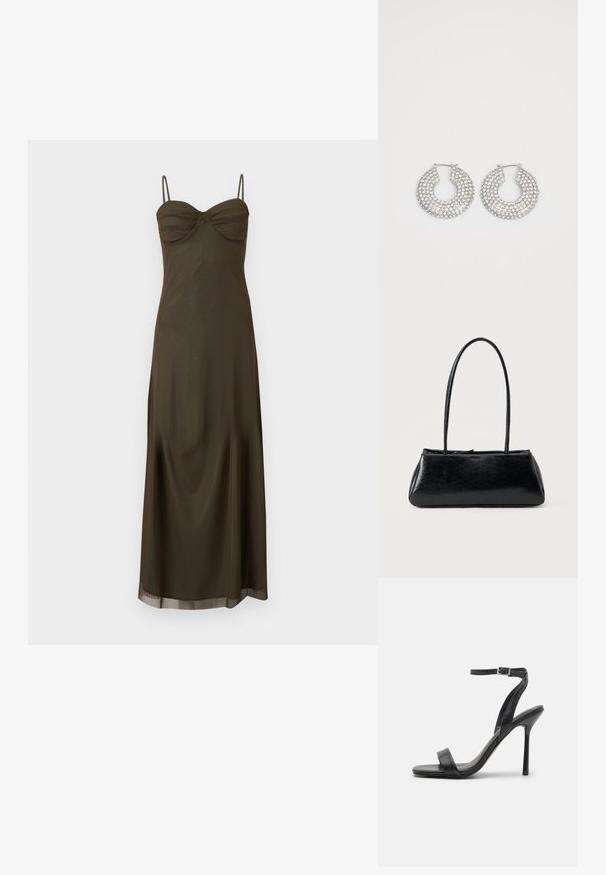 Vestido maxi verde oliva oscuro con tirantes de espagueti, busto fruncido y falda fluida sobre un fondo liso.; Sandalia negra de tacón alto con una correa delgada en el tobillo y dos bandas en la parte frontal. Hecha de cuero suave con una punta afilada y tacón de aguja.; Bolso de hombro rectangular negro con correas largas y delgadas y una textura lisa y brillante sobre un fondo liso.; Aros de plata en forma de aro adornados con múltiples embellishments de cristal transparente, con una superficie texturizada y un diseño circular abierto.