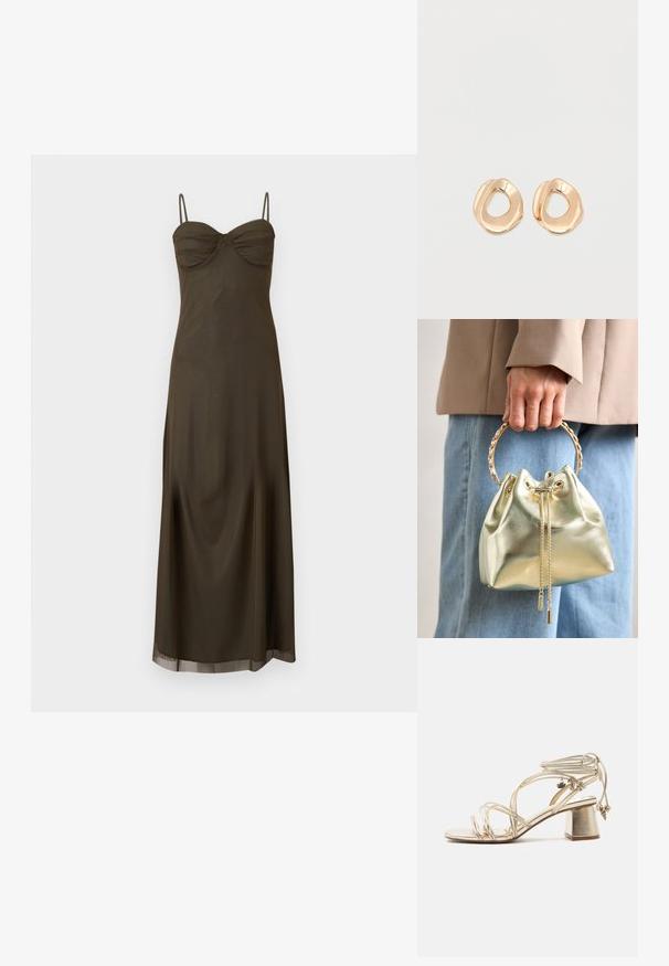 Vestido maxi verde oliva oscuro con tirantes de espagueti, busto fruncido y falda fluida sobre un fondo liso.; Sandalia dorada con tiras, tacón de bloque, lazos para atar en el tobillo y pequeños abalorios decorativos con forma de elementos marinos.; Bolso de hombro metálico dorado con cierre de cordón, que presenta un asa de cadena dorada y dos detalles decorativos de cadena en la parte frontal.; Par de pendientes de aro de metal en tono dorado pulido, de forma irregular y con centro abierto, sobre un fondo blanco liso.
