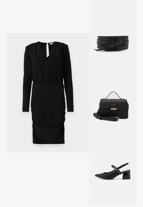 Robe noire avec un décolleté en V, des manches longues, une texture froncée et une silhouette ajustée. Présente une ouverture en clé au dos et un tissu extensible.; Escarpins slingback en cuir verni noir avec un embout pointu, un design à découpes arrondies et un talon carré. Présente un accent de boucle en ton doré.; Sac à main en cuir noir avec des accents métalliques dorés, forme rectangulaire, fermeture à rabat, bandoulière réglable, texture lisse, design minimaliste.; Ceinture en cuir noir avec une texture lisse, design à bande large, mettant en avant un accent noué à l'avant et une forme simple et épurée.