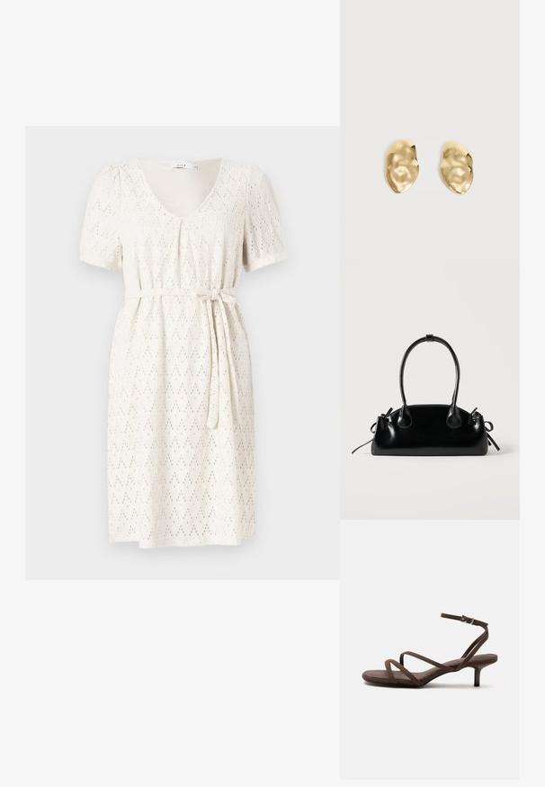 Vestido blanco de manga corta con escote en V, que presenta un patrón de ojetes en forma de diamante y un cinturón atado en la cintura para un ajuste entallado. Textura suave y tejido ligero.; Sandalia marrón de tacón alto con tiras finas cruzadas y una correa en el tobillo con una hebilla plateada sobre un fondo blanco.; Pequeño bolso negro brillante con dos asas largas y detalles de cordón lateral sobre un fondo claro liso.; Par de pendientes de metal dorado brillante, con forma irregular y superficie arrugada y lisa sobre un fondo claro y sencillo.