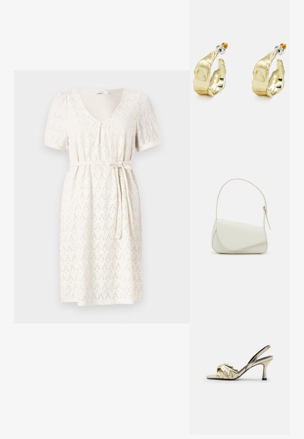 Vestido blanco de manga corta con escote en V, que presenta un patrón de ojetes en forma de diamante y un cinturón atado en la cintura para un ajuste entallado. Textura suave y tejido ligero.; Tacón de tirantes en satén dorado con un diseño anudado en la parte delantera. Presenta un tacón de aguja afilado y una textura suave.; Bolso de mano de imitación cuero blanco con una forma triangular estructurada, correa ajustable única y cierre con solapa acentuada en curva.; Pendientes en tono dorado con forma de manos abstractas, que presentan una superficie brillante, detalles intrincados y un poste de plata y oro para un ajuste seguro.