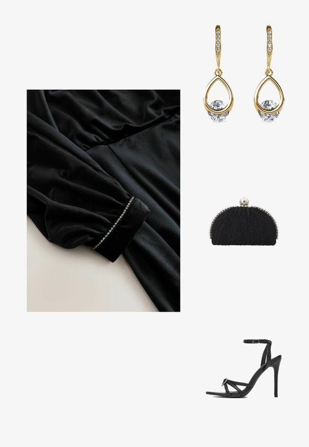 Robe en velours noir à manches longues, présentant des détails froncés à la taille et des poignets ornés d'une rangée de petits accents brillants.; Sandale à talon haut noire à lanières avec une fine bride à la cheville, bout pointu et détail décoratif en strass à l'avant. Texture en cuir lisse.; Pochette de soirée noire en tissu texturé, encadrée par une rangée de petites perles, avec un grand fermoir en perle sur le dessus.; Boucles d'oreilles en or en forme de goutte avec des pierres précieuses rondes et transparentes à la base. Section supérieure texturée avec de petits accents ronds le long de l'anneau.