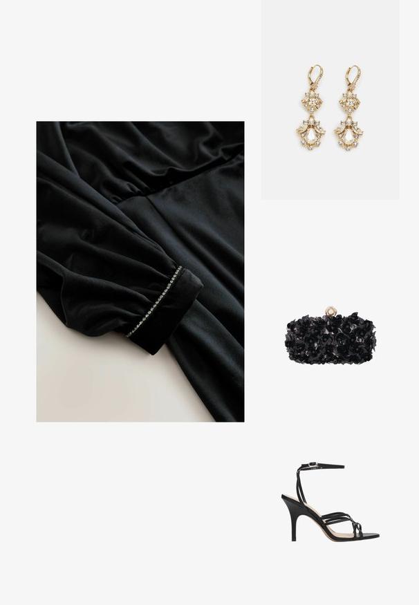 Robe en velours noir à manches longues, présentant des détails froncés à la taille et des poignets ornés d'une rangée de petits accents brillants.; Sandale à talon haut noire à lanières avec un design élégant, dotée d'une fine sangle à la cheville, d'un bout ouvert et d'une finition lisse sur un talon effilé.; Pochette noire texturée florale avec un fermoir décoratif en perles et strass sur le dessus.; Boucles d'oreilles pendantes dorées présentant un design en grappe avec des cristaux clairs ronds et en forme de goutte, mettant en valeur des détails élaborés.