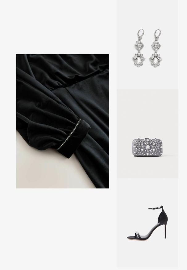Robe en velours noir à manches longues, présentant des détails froncés à la taille et des poignets ornés d'une rangée de petits accents brillants.; Sandale à talon haut en satin noir avec une sangle fine, une boucle à la cheville et un accent décoratif en strass sur la bride avant.; Petit sac pochette rectangulaire gris foncé orné de strass clairs disposés en motif rayonnant, avec une bandoulière chaîne argentée.; Boucles d'oreilles en métal argenté ornées de plusieurs pierres précieuses en cristal transparent en forme de goutte et de marquise, avec des fermoirs à levier et des détails complexes.