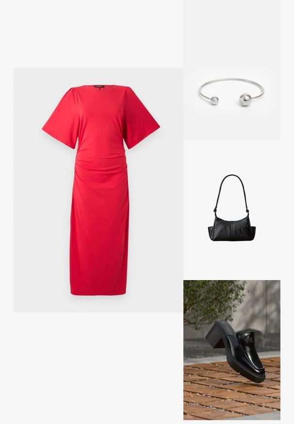 Rotes Midi-Kleid mit kurzen, weiten Ärmeln, rundem Ausschnitt und gerafftem Detail an der Taille, aus einem glatten, dehnbaren Material gefertigt.; Schwarze Leder-Slip-on-Mule von Calvin Klein mit Blockabsatz, die auf Holzfliesen im Freien nahe einer grünen Pflanze und einer grauen Wand ruht.; Schwarze Leder-Schultertasche mit langem Träger, Seitentaschen und eingeprägtem Calvin Klein-Logo auf der Vorderseite.; Silberner Metallarmreif mit zwei kugelförmigen Akzenten an jedem Ende, glatte Oberfläche, offenes Design und schlanker, minimalistischer Form.