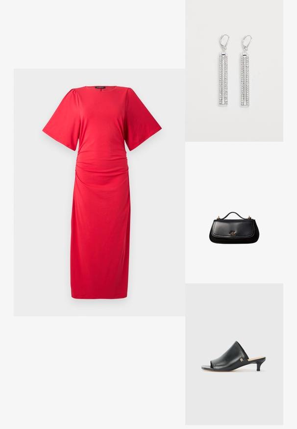 Vestido midi rojo con mangas cortas anchas, escote redondo y detalle fruncido en la cintura, que presenta una textura suave y elástica.; Mules de cuero negro de punta abierta con un tacón bajo. Presentan una superficie lisa y un acento del logo dorado en el costado.; Bolso de mano negro de piel con un asa pequeña, logo "cK" en tono dorado en la solapa frontal y detalles de herrajes dorados.; Pendientes de plata con dos barras alargadas, cada una decorada con pequeños rhinestones claros en un patrón lineal. Cierre de presión.