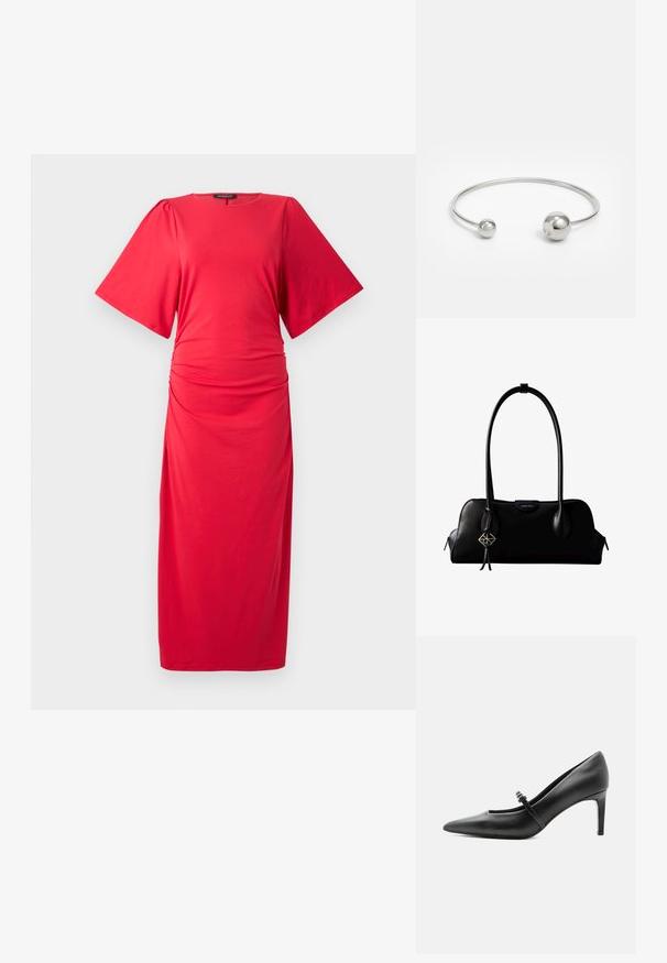 Rotes Midi-Kleid mit kurzen, weiten Ärmeln, rundem Ausschnitt und gerafftem Detail an der Taille, aus einem glatten, dehnbaren Material gefertigt.; Schwarzer Leder-Pumps mit spitzer Zehenpartie, dünnem Riemen und Schnalle über dem Spann, stehend auf hellem neutralem Hintergrund.; Schwarze Lederhandtasche von Calvin Klein mit langen Henkeln, einem vorderen Logo-Tag und einem silbernen geometrischen Anhänger, der an einem Henkel hängt.; Silberner Metallarmreif mit zwei kugelförmigen Akzenten an jedem Ende, glatte Oberfläche, offenes Design und schlanker, minimalistischer Form.