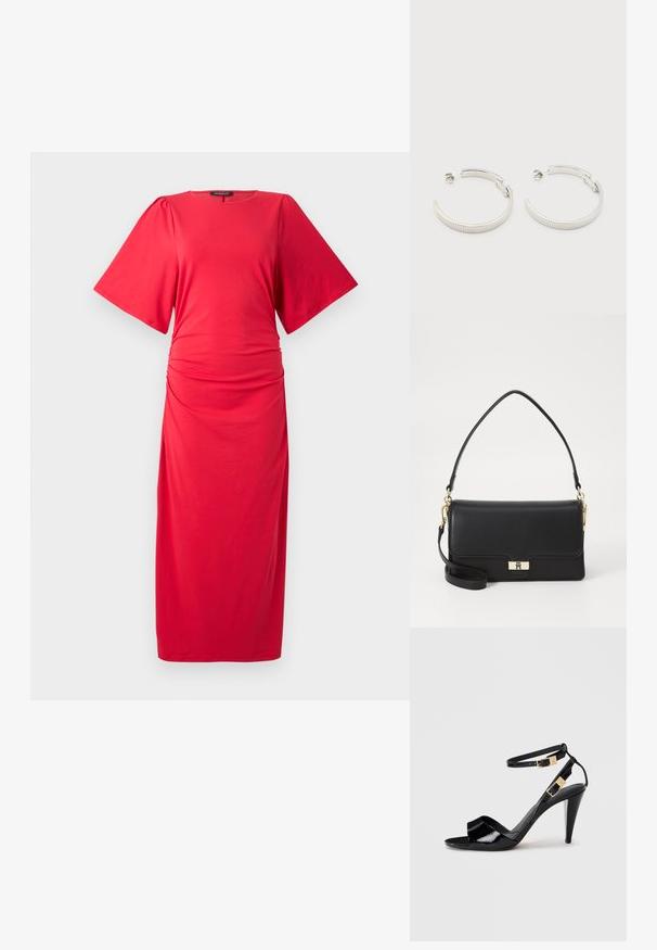 Rotes Midi-Kleid mit kurzen, weiten Ärmeln, rundem Ausschnitt und gerafftem Detail an der Taille, aus einem glatten, dehnbaren Material gefertigt.; Schwarze, lackierte High-Heeled-Sandalen mit doppelten Knöchelriemen und goldenen Schnallen, Zehen offen und schlankem, spitz zulaufendem Absatz auf neutralem Hintergrund.; Schwarze Lederhandtasche mit rechteckiger Form, ausgestattet mit einem goldenen Verschluss, einem oberen Griff und einem abnehmbaren Schultergurt. Glatte Textur.; Ohrstecker in Silberoptik, halbkreisförmig mit geriffelter Textur und Steckverschlüssen, auf weißem Hintergrund.