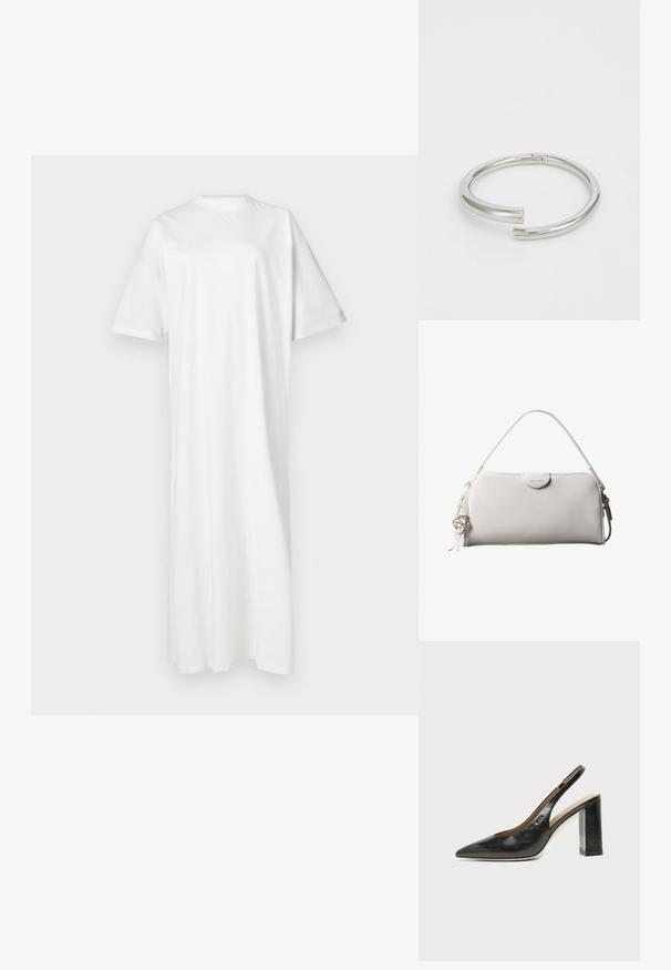 Hvid kjole i mellemlang længde lavet af blød bomuld med rund hals og korte ærmer; har en afslappet pasform og en lige silhuet.; Sort læder peep-toe slingback sko med høj blokhæl og beige indvendig foring mod en ensfarvet lys baggrund.; Hvid rektangulær Calvin Klein håndtaske med enkelt håndtag, minimalistisk design og dekorative kvaster med geometrisk metalvedhæng på siden.; Calvin Klein SPIRAL - Armbånd - silver-coloured
