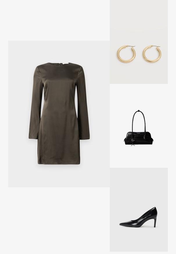 Robe mini en satin olive foncé avec des manches longues, un col rond et une fermeture éclair au dos, présentée sur fond blanc.; Chaussure à talon haut en cuir noir avec un bout pointu, texture lisse et un talon effilé. Design minimaliste, sans embellissements supplémentaires.; Sac à épaule en cuir noir à texture crocodile, avec de longues sangles et un petit charm logo argenté sur une sangle.; Paire de boucles d'oreilles épaisses en or brillant avec tiges métalliques sur un fond gris clair.