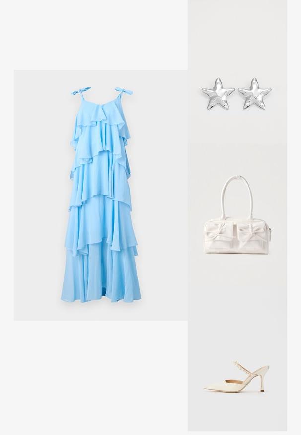 Vestido maxi azul cielo con volantes en capas, tirantes ajustables y una silueta fluida. Está hecho de una tela ligera con una textura suave.; Steve Madden BRECKI - Zapatos de novia - ivory; Bolso sintético blanco con dos bolsillos delanteros, cada uno con un detalle de lazo atado. Textura suave, asas redondeadas y cierre de cremallera.; Pendientes en forma de estrella plateada con una superficie pulida y brillante. Cada pendiente presenta cinco puntas y sutiles detalles de textura en la superficie.
