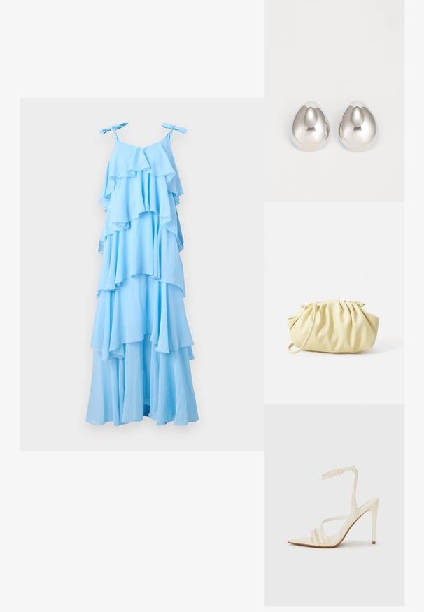 Vestido maxi azul cielo con volantes en capas, tirantes ajustables y una silueta fluida. Está hecho de una tela ligera con una textura suave.; Sandalias de tacón alto beige con punta estrecha, que cuentan con tres tiras frontales y una tira delgada en el tobillo con hebilla. Textura lisa, diseño minimalista.; Bolso amarillo plisado hecho de cuero sintético suave, con una forma blanda y una sola correa para el hombro, además de un diseño de parte superior recogida.; Pendientes de oreja metálicos plateados con un diseño suave y redondeado que recuerda a la forma de una gota, con una superficie reflectante y un acabado sin costuras.