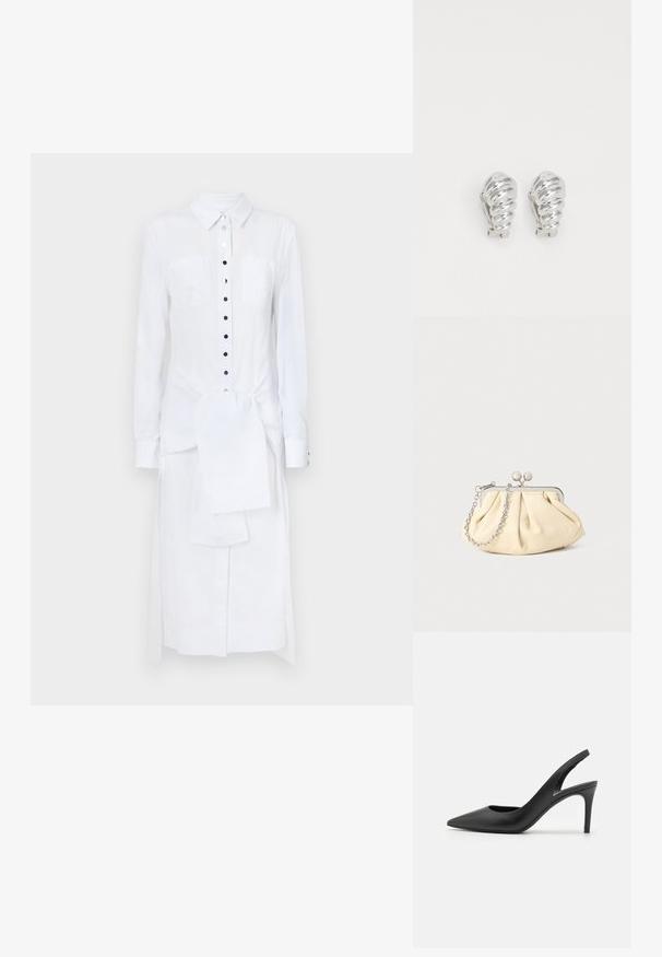 Rabanne Maxikjoler - white; Sorte læder slingback høje hæle med spids tå-design, der har en udskæring fortil og en tynd stiletto-hæl.; Plisseret beige læderclutch med en sølvmetalramme, der har to runde dekorative låse og en sølvkædetrasporte.; Sølv clip-on øreringe med spiralmønster, der har en glat metallisk tekstur og runde former. Ingen synlige udsmykninger eller mønstre.