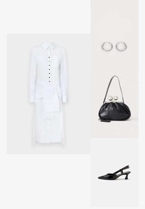 Rabanne Maxikjoler - white; Sort laklæderslingback med lille hæl, spids tå og justerbar guldlåsrem på hvid baggrund.; Sort læderhåndtaske med opsamlet design, en enkelt rem, sølv metalramme og to store runde sølv lukninger.; Sølvøreringe med en glat, poleret overflade. Cirkulær form med en lille spænde detalje til lukning. Minimalistisk design, letvægtig.