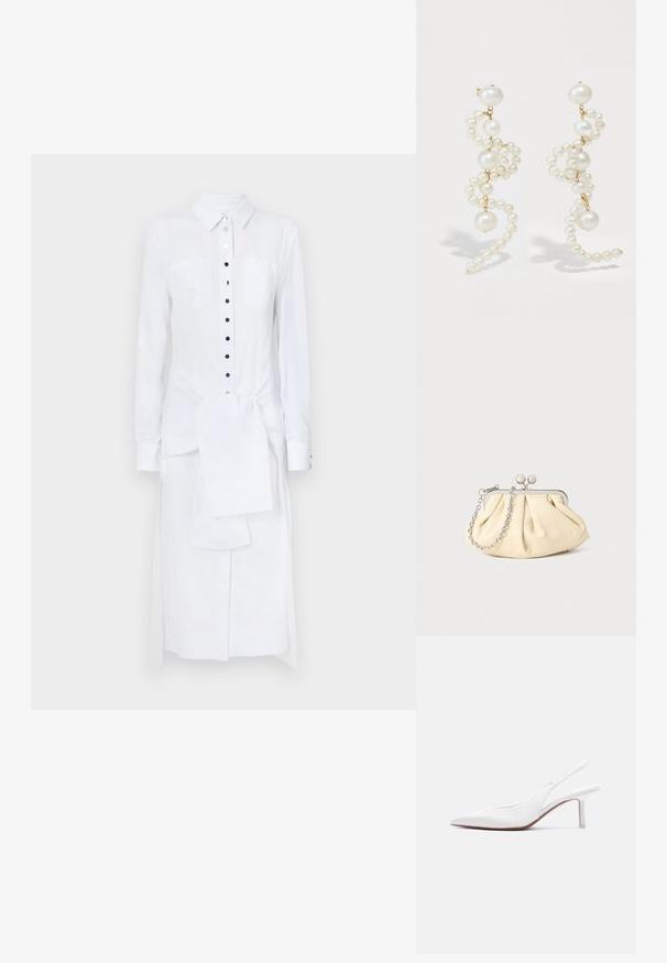 Rabanne Μάξι φόρεμα - white; Γυναικείο παπούτσι από λευκό δέρμα με λουράκι στο πίσω μέρος, μυτερή μύτη, χαμηλό τακούνι τύπου kitten και μικρό διακοσμητικό φιόγκο στην κορυφή, σε προφίλ πλευρικής όψης.; Πτυχωτό μπεζ δερμάτινο τσαντάκι με ασημένιο μεταλλικό πλαίσιο, διαθέτοντας δύο στρογγυλούς διακοσμητικούς κλειστές και μια ασημένια αλυσίδα.; Λευκά περιδέραια με μαργαρίτες σε σπειροειδές σχέδιο, με διάφορα μεγέθη μαργαριταριών και χρυσές λεπτομέρειες. Λείος υφή και κομψό σχήμα.