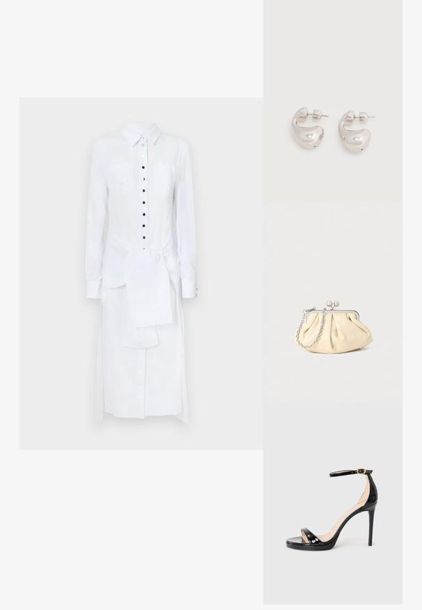 Rabanne Maxikjoler - white; Sorte patentlæder høje hæle sandaler med ankelrem og guldspænde, åben tå og slank stilethæl på en ensfarvet baggrund.; Plisseret beige læderclutch med en sølvmetalramme, der har to runde dekorative låse og en sølvkædetrasporte.; Sæt af skinnende sølvfarvede chunky hoop-øreringe med stift og trykknaplukning på enkel hvid baggrund.