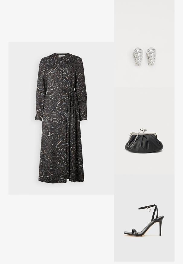 Robes noires à manches longues avec un motif abstrait multicolore, devant boutonné et détail de lien sur le côté. Conçue en tissu lisse et léger.; Sandale à talon haut noire avec une bride étroite à la cheville, bout carré, cuir lisse et accent de boucle métallique.; Porte-monnaie en cuir noir avec texture froncée, cadre en métal argenté, fermeture à verrouillage kiss-lock et bandoulière en chaîne. Surface lisse et douce.; Boucles d'oreilles en clip argentées avec un design en spirale, présentant une texture métallique lisse et des formes arrondies. Pas d'embellissements ou de motifs visibles.