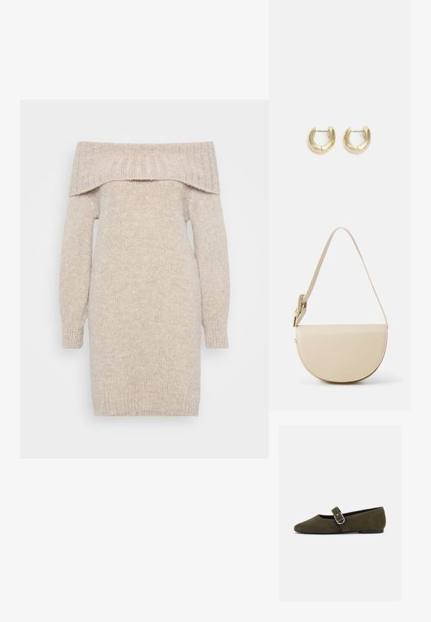 Beige strikket off-shoulder kjole med lange ærmer, ribbet halsudskæring og struktureret stof. Lige snit, midt på låret længde, med manchetter på ærmerne.; Æblegrøn ruskind Mary Jane flad sko med sølvspænde og rundet tå, vist på en hvid baggrund.; HVISK NOMI SOFT STRUCTURE - Håndtasker - bone white; Guld-tone hoop øreringe med en glat, poleret overflade. Har en halvcirkelform og en sikker stiftlukning.