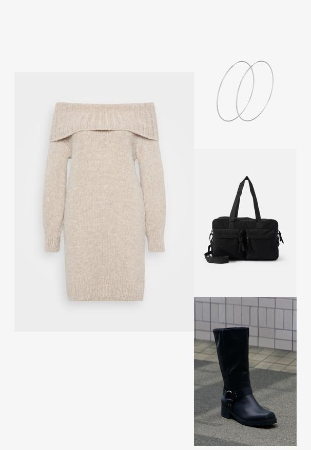 Beige strikket off-shoulder kjole med lange ærmer, ribbet halsudskæring og struktureret stof. Lige snit, midt på låret længde, med manchetter på ærmerne.; Sort læderstøvle midt på læggen med lav blokhæle og en dekorativ rem med metal spænde rundt om anklen, på en flisebelagt fortov.; Sort corduroy taske med to top hanke, aftagelig skulderrem, to frontlommer med frynseforynede lynlåse og ribbet tekstur.; Sølvøreringe med et minimalistisk design. Cirkulær form, glat tekstur og tynd profil. Letvægtige med en poleret overflade.