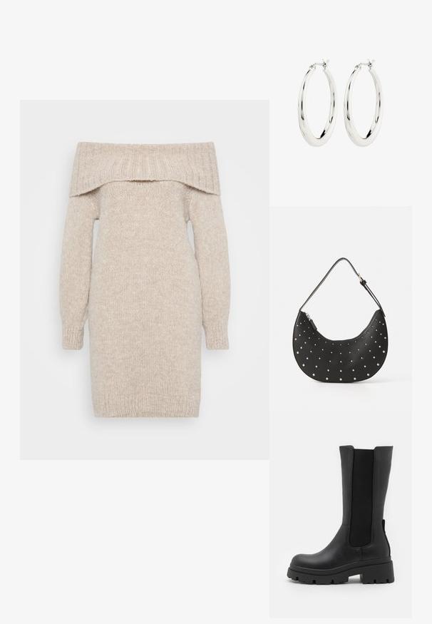 Beige strikket off-shoulder kjole med lange ærmer, ribbet halsudskæring og struktureret stof. Lige snit, midt på låret længde, med manchetter på ærmerne.; ONLY SHOES ONLDOJA - Plateaustøvler - black; Sort læderhåndtaske med en buet form, prydet med sølvfarvede nitter, med lynlåslukning og et enkelt justerbart strop.; Sølvøreringe i form af hoops med en glat, blank finish. Cirkulær form, der har en sikker lås. Simpelt og elegant design.