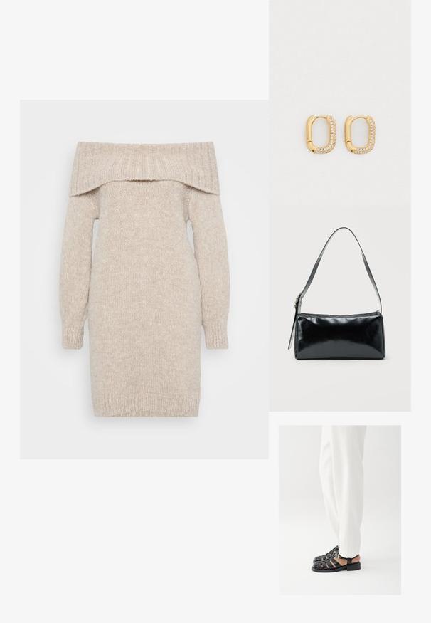 Beige strikket off-shoulder kjole med lange ærmer, ribbet halsudskæring og struktureret stof. Lige snit, midt på låret længde, med manchetter på ærmerne.; Person iført hvide bukser og sorte læder-sandaler med åben tå og spænde, stående på en hvid baggrund.; Sort rektangulær skuldertaske med en enkelt justerbar rem og lynlås i toppen på en ensfarvet baggrund.; Guldtonede øreringe med oval form, der har en række indbyggede klare krystaller langs den ene kant. Glat metallisk finish og elegant design.