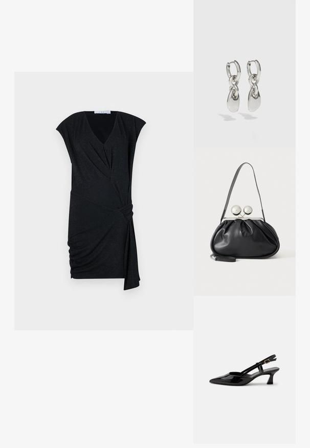 Robe noire avec un décolleté en V, des manches courtes, un ruché asymétrique et un détail noué sur le côté, faite d'un tissu texturé et scintillant.; Chaussure slingback en cuir verni noir à petit talon, bout pointu et bride réglable avec boucle dorée sur fond blanc.; Sac à main en cuir noir avec un design plissé, une sangle unique, un cadre métallique argenté et deux grandes fermoirs ronds en argent.; Boucles d'oreilles en argent avec des maillons ovales allongés, présentant une finition polie et un pendentif tombant texturé. Design simple avec des bords lisses.