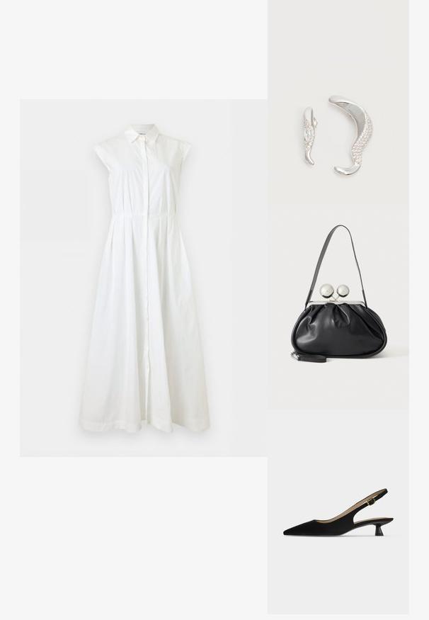 Robe blanche sans manches boutonnée avec col et taille cintrée, s’étendant en une longue jupe fluide.; Chaussure slingback noire à bout pointu, petit talon kitten et bride à boucle dorée, présentée de profil sur fond uni clair.; Sac à main en cuir noir avec un design plissé, une sangle unique, un cadre métallique argenté et deux grandes fermoirs ronds en argent.; Deux boucles d'oreilles argentées courbées, l'une plus grande que l'autre, toutes deux ornées de petits cristaux scintillants le long d'un bord.