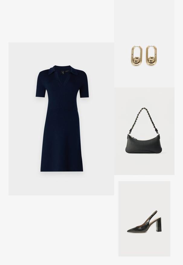 Vestido de punto azul marino con un torso ajustado, mangas cortas y cuello en V. Presenta una textura de canalé y una falda acampanada.; Zapato de mujer slingback de piel negra con puntera puntiaguda y tacón alto grueso de bloque sobre fondo blanco.; Bolso de hombro de cuero negro con forma rectangular curvada, cadena dorada entrelazada en una correa negra trenzada y cierre superior con cremallera.; BOSS DOUBLE B SWING - Pendientes - gold-coloured