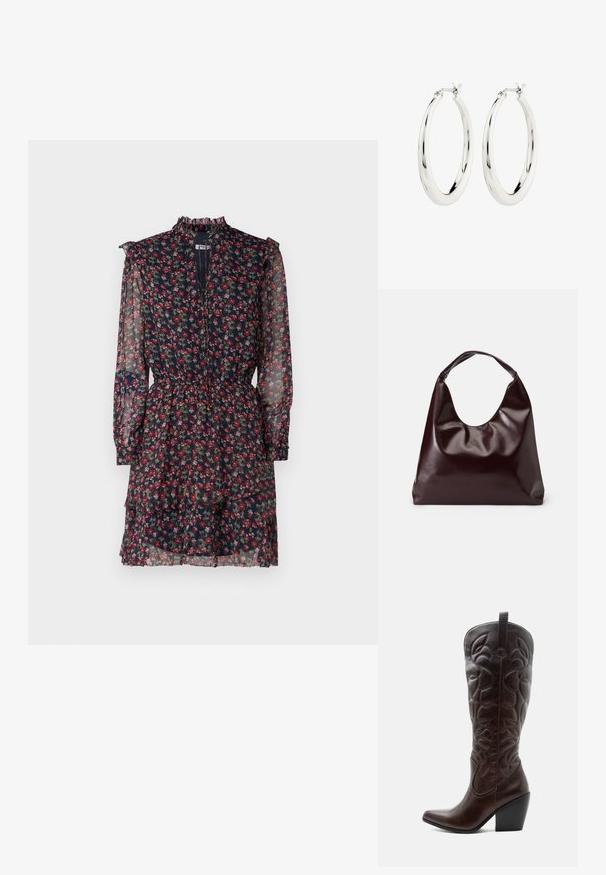Blumenkleid aus durchsichtigem marineblauen Stoff mit roten und grünen Mustern, gerafftem hohen Kragen, langen Ärmeln und tailliertem Bund mit schichtigem Rock.; Hoher dunkelbrauner Leder-Cowboystiefel mit gestickten dekorativen Mustern, spitzer Spitze und gestapeltem Blockabsatz.; Burgunderfarbene, glänzende tote Bag aus veganem Leder mit einer weichen, skulpturalen Form und einem breiten, geschwungenen Henkel für einfaches Tragen.; Silberne Creolen mit einer glatten, glänzenden Oberfläche. Kreisform, ausgestattet mit einem sicheren Verschluss. Einfaches und elegantes Design.