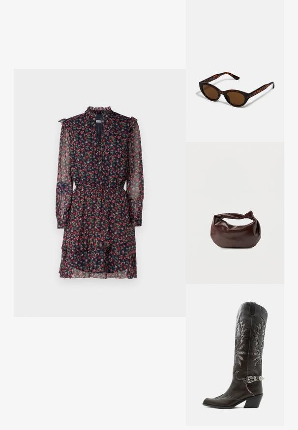 Vestido floral hecho de una tela azul marino transparente con patrones rojos y verdes, con un cuello alto con volantes, mangas largas y una cintura ceñida con una falda en capas.; Bota cowboy de cuero negro con recortes decorativos, hebilla plateada y tacón inclinado, presentada sobre fondo blanco.; Gafas de sol de carey marrón con una forma vintage de ojo de gato y lentes marrones. Presentan brazos curvados con acentos rojos.; Bolso de hombro de cuero marrón oscuro con una forma suave y caída, y un asa con nudo torcido sobre un fondo blanco liso.