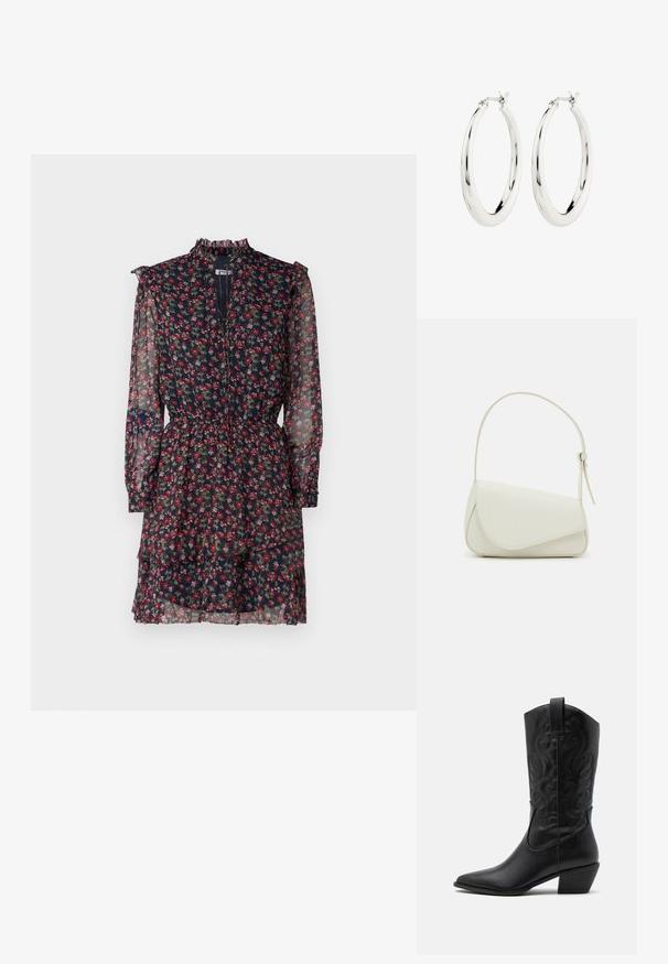 Vestido floral hecho de una tela azul marino transparente con patrones rojos y verdes, con un cuello alto con volantes, mangas largas y una cintura ceñida con una falda en capas.; Botas de vaquero de cuero negro con punta afilada, patrones en relieve en espiral y un tacón de altura media. Presentan una lengüeta para facilitar el uso.; Bolso de mano de imitación cuero blanco con una forma triangular estructurada, correa ajustable única y cierre con solapa acentuada en curva.; Pendientes de aro de plata con un acabado suave y brillante. Forma circular, con un cierre seguro. Diseño sencillo y elegante.