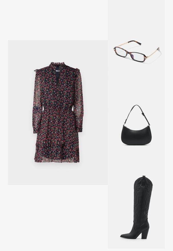 Blumenkleid aus durchsichtigem marineblauen Stoff mit roten und grünen Mustern, gerafftem hohen Kragen, langen Ärmeln und tailliertem Bund mit schichtigem Rock.; Zign by Zalando LEATHER - Cowboy-/Bikerboot - black; Rechteckige Brille mit einem Gestell aus Schildpatt-Kunststoff, goldfarbenen Metallelementen und klaren Gläsern. Schlanke Bügel mit einer sanften Kurve.; Pieces PCALUANA SHOULDER BAG - Handtasche - black