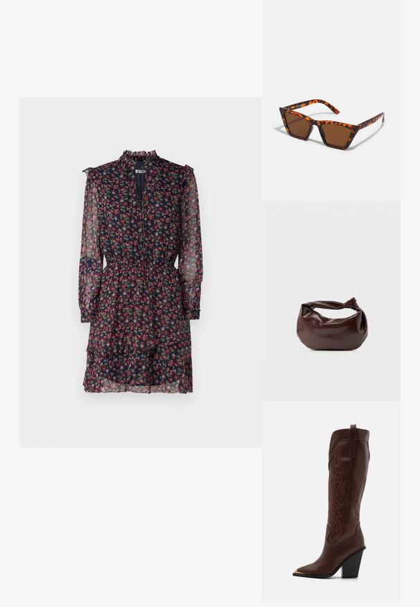 Vestido floral hecho de una tela azul marino transparente con patrones rojos y verdes, con un cuello alto con volantes, mangas largas y una cintura ceñida con una falda en capas.; RAID RIMSKY - Botas de tacón - brown; Gafas de sol con tonalidades marrones y un patrón de carey, de montura angular y brazos delgados. Material plástico ligero.; Bolso de hombro de cuero marrón oscuro con una forma suave y caída, y un asa con nudo torcido sobre un fondo blanco liso.