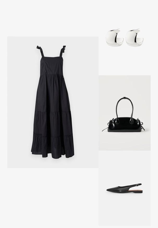 Musthave muströöpidega must maksimekko, nelinurkne kaelus ja kihiline volangide disain. Valmistatud kerge ja sileda tekstuuriga kangast.; Must musta slingback kingad terava ninaga, õrna läikega ja reguleeritava ankle strapiga. Lame konts ja pruun sisetald.; Väike must läikiv käekott kahe pika sangaga ja külgedel paelakinnitustega, ühel lihtsal helel taustal.; Paari poleeritud hõbedast poolkuu kujuga kõrvarõngaid nööpkinnitusega valgel taustal.
